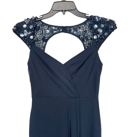 NWT Adrianna Papell | Dark Navy / Black Chiffon Long Maxi Sequin Wrap Dress 4 - Picture 9 of 16